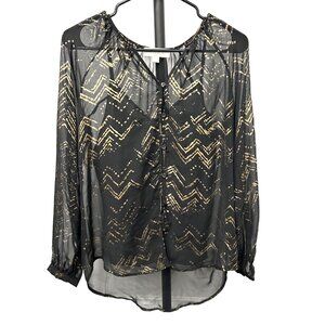 Olive & Oak Black Gold Print Sheer Long Sleeve Blouse and Camisole Sz S
